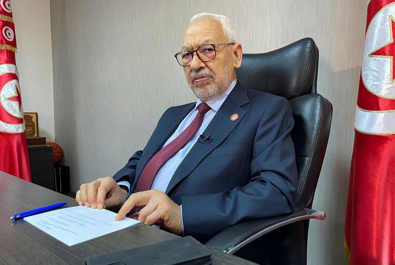 Tunisia’s Rached Ghannouchi attends an interview with Reuters in Tunis